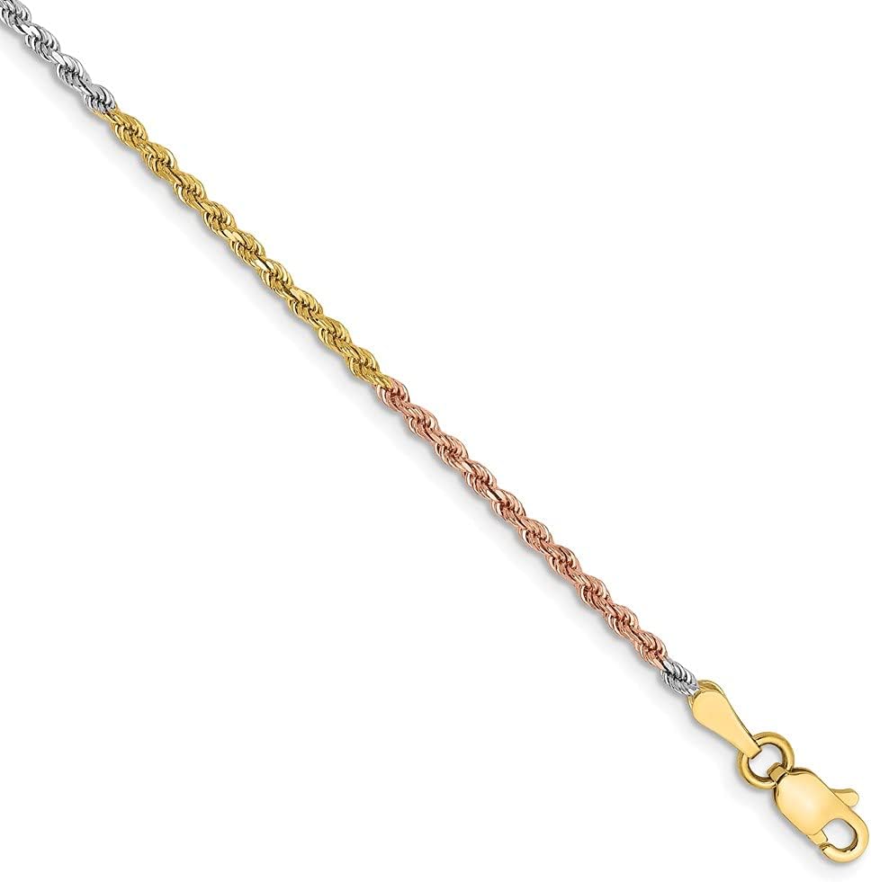 Saris and Things 14K Tri-Color Gold 1.8mm Diamond Cut Rope Chain Anklet 9 IN