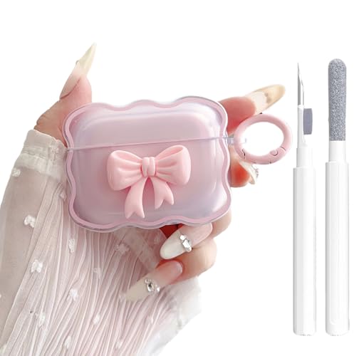 Cute AirPods Pro 2/1 Gen Clear Case, Girly 3D Bow Design Soft TPU Protective Shockproof Kawaii Apple iPod Pro 2nd/1st Generation Cover with Cleaner Pen & Keychain Girls Women 2023/2022/2019 - Pink