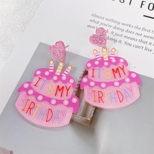 Cute Heart Birthday Cake Dangle Drop Earrings for Women Pink Glitter Acrylic It's My Birthday Letter Colorful Lightweight Statement Dangling Hanging Sweet Celebration Holiday Party Y2k Jewelry3