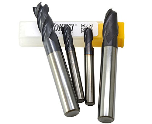 Wokesi 4mm 8mm Cutting Dia,Suqare Nose End Mill,and Ball Nose End Mill Set,Pack of 4Pcs,Std Length,HRC55,TiAlN Coated,Solid Carbide,CNC Lathe Router Bits Cutting Milling Tools (4mm+8mm HRC55)