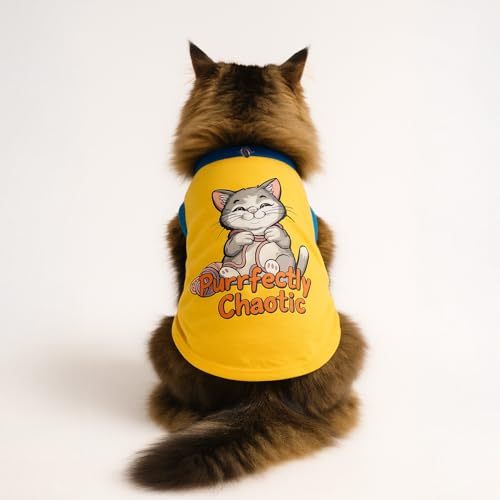 Image of Thunder Tails Printed Cat T-Shirt for Small to Large Cats & Kittens | Lightweight Breathable Cotton Pet Apparel | Cute & Stylish, Comfortable Round Neck Cat Clothes (XS, Yellow)
