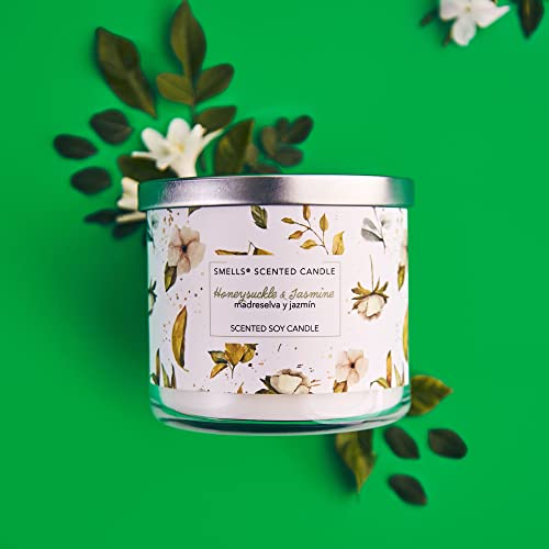 Smells - Premium Soy Wax Round Jar Scented Candle 16Oz. - 100% Cotton 3-Wicks - Fragrance That Eliminates Home And Office Odors: Food, Pets, Smoke And Others (1-Pack, Honeysuckle & Jasmine) #TOP4