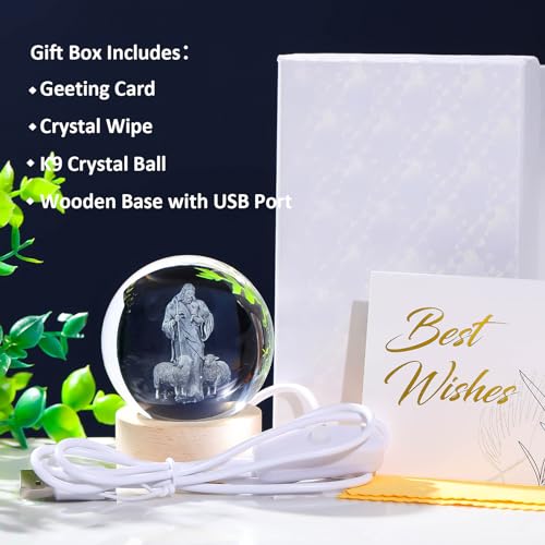 Arikyrist 3D Crystal Jesus Figurine Statue Night Light, Laser Engraved Crystal Christian Catholic Religious Easter Gift with Wooden Base