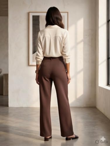 Image of Women Cotton Blend Formal Straight Fit Trousers High Waist Office Wear Pants