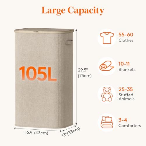 Lifewit 105L Laundry Basket with Lid, Large Laundry Hamper with Handles and Removable Bag, Collapsible Tall Dirty Clothes Hamper for Laundry Room, Bedroom, Bathroom, Dorm, Beige - 2