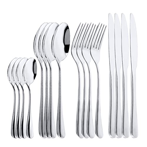 OBR KING 16-teilig Besteck Set Edelstahl Cutlery Inklusive Löffel Messer und Gabeln Besteckset Service für 4, Silber
