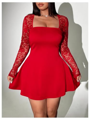 Image of Floerns Women's Plus Size Lace Sheer Long Sleeve Square Neck Mini Dresses | A Line, Curvy, Flare, Birthday, Night Out, Party, Wedding Guest, Formal, Mini Dress