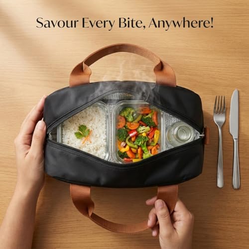 Image of SaleOn 7.5 LTR Thermal Insulated Lunch Bag for Women & Girls | Stylish Tiffin Bag | Big Size Food Carrier Tote for Office, College, School | Black Travel Lunch Box Pouch with Handle (Black)