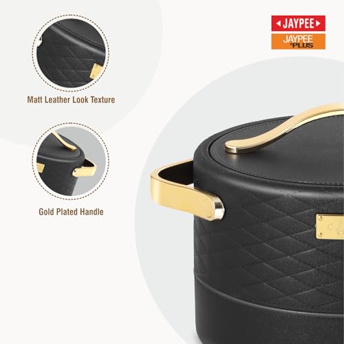 Image of JAYPEE Luxura Inner Stainless Steel Serving Casserole Set of 3 Elegance Unique Design PU Insulated 100% Food Grade with Lockable Lid, Chrome Plated Handle Hot Case | 1500, 2000, 2500 ml, Black