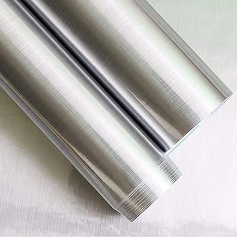 Timeet Silver Self-Adhesive Vinyl Wallpaper, 17.7x196.85 inches, Waterproof, Stain Resistant, Modern Metal Look, DIY Kitchen Cabinet Decor, Peel and Stick, 24.2 sq.ft/Roll Cover