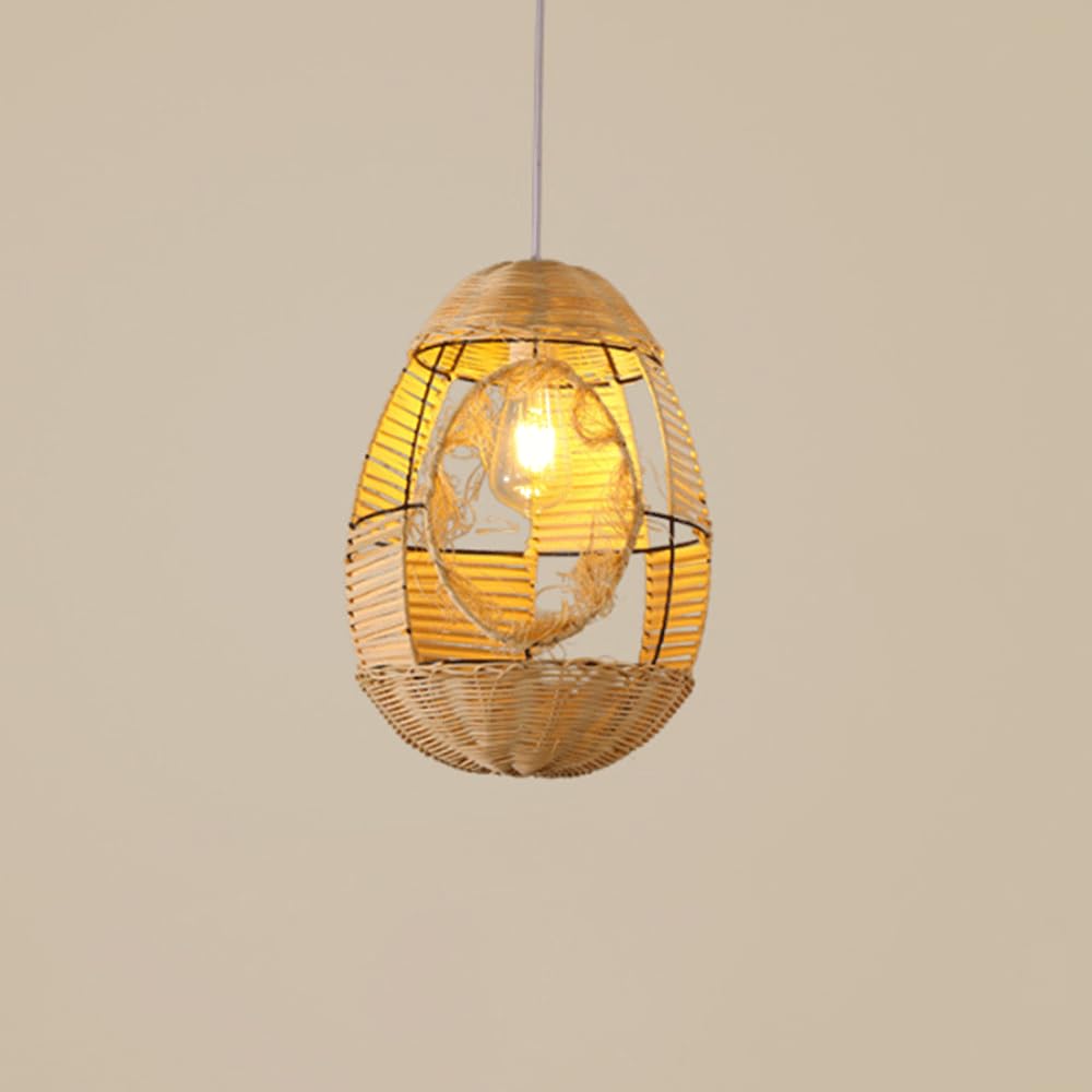 YNAHZAOK Handcrafted Egg Shape Rattan Pendant Light Double Layer Hollow Wicker Hanging Lamp with Adjustable Cord for Dining Entryway Cafe Wabi Sabi Style Rattan Lighting Fixture for Hallway