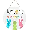 Easter Welcome Wreath Cute Bunny Happy Easter Signs for Front Door Wooden Easter Decorations Indoor Home Decor for Front Porch Window Wall Farmhouse Indoor Outdoor