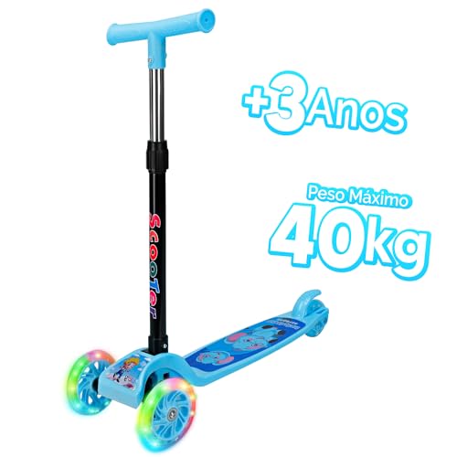 HOLTTER Patinete Infantil com LED 3 Rodas Azul e Rosa Patinete Infantil Dobrável com LED Freio Trase