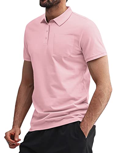 Tinkwell Men Polo Shirt Short Sleeve Polos Shirts With Pocket Quick Work Office Golf Tee Polo Collar With Button Down Polo Shirts For Men Pink #TOP5