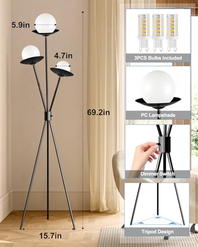 Image of 3 Globe Dimmable Tripod Floor Lamp, Mid Century Standing Lamps with 3Pcs 3000K Bulbs Included, Modern Black Tall Lamp for Living Room Bedroom Home Office Sofa Beside Corner Decor