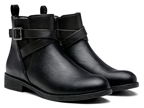 Jeossy Women's Ankle Boots 9011 Black Chelsea Flat Booties Buckle Strap Zipper Low Heel Shoes For Women Size 8(Djy9011 Black 08) #TOP5