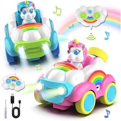 Hangrui 2 Pack Remote Control Cars, Unicorn Toys for Ages 2-6, Toddler 2.4Ghz RC Cars with Colored Lights, Music and Sound, Christmas Birthday Gift for 2 3 4 5 6 Year Olds Girls Boys Cover