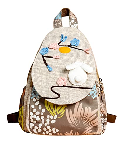 Image of Small Canvas Backpack, Retro Boho Washed Hippie for Women Daily Commute (Rabbit Decorations)
