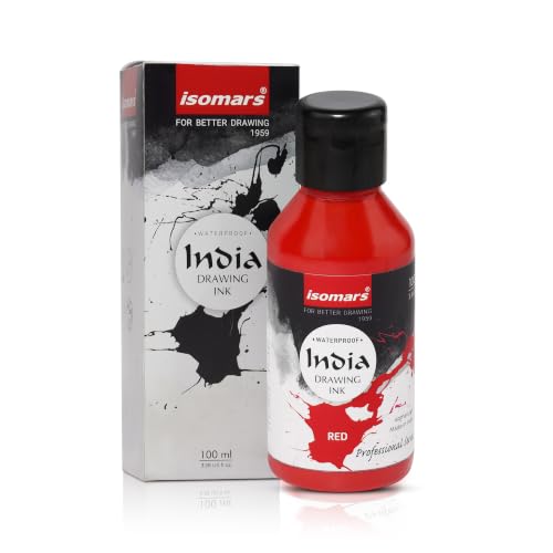 Image of Isomars India Waterproof Drawing Ink Red 100ml | Professional Artist Ink for Illustration, Calligraphy, Airbrush, Canvas, Fabric, Wood, Paper & Technical Drawing