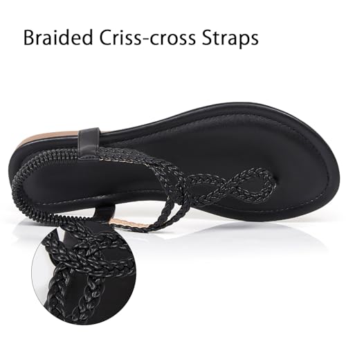 Image of iCKER Womens Braided T‑Strap Flat Sandals Elastic Stretch Ankle Strap | Boho cute casual lightweight and comfort matches dresses for beach vacation