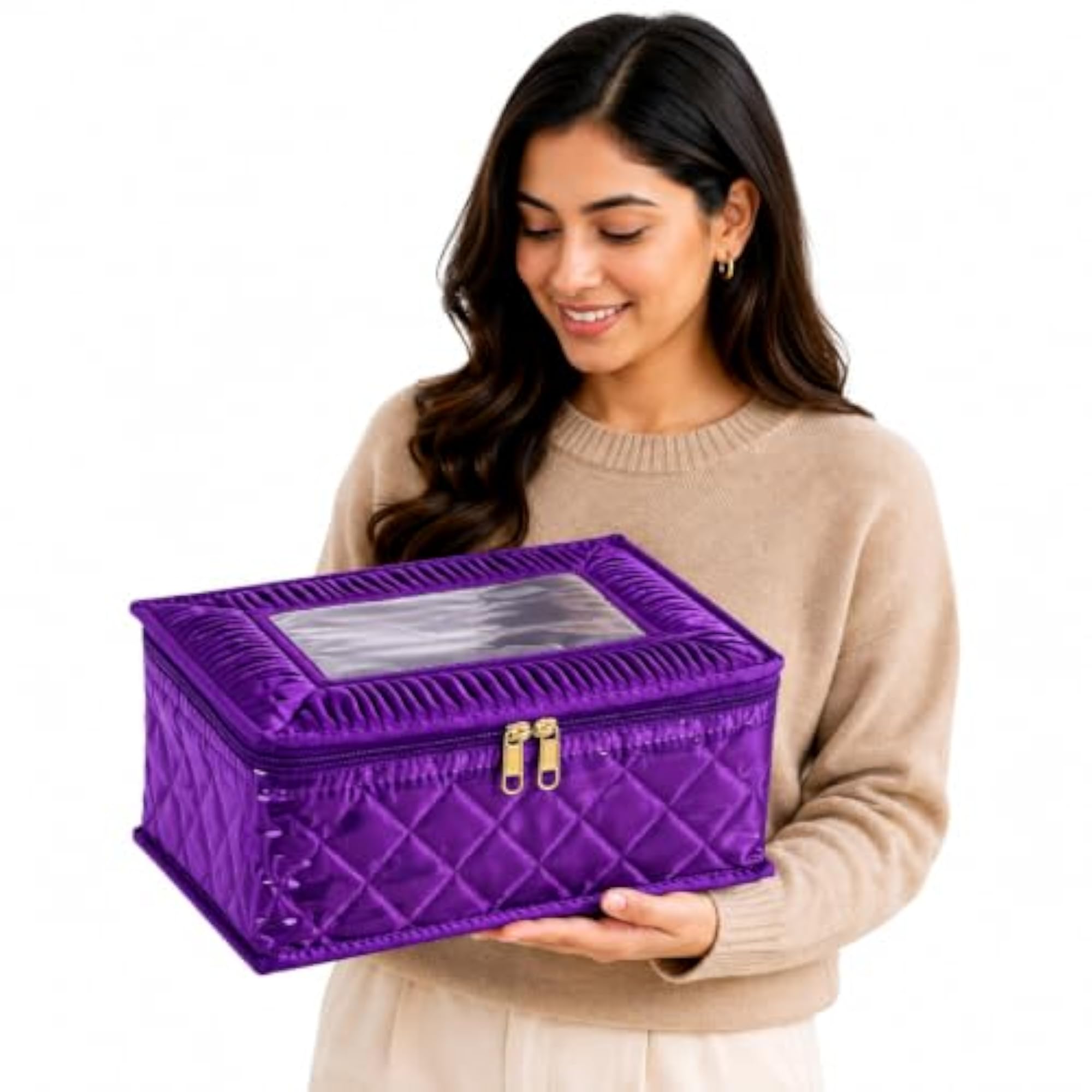 Quilted Satin Jewellery Organizer Box with 12 Pouches
