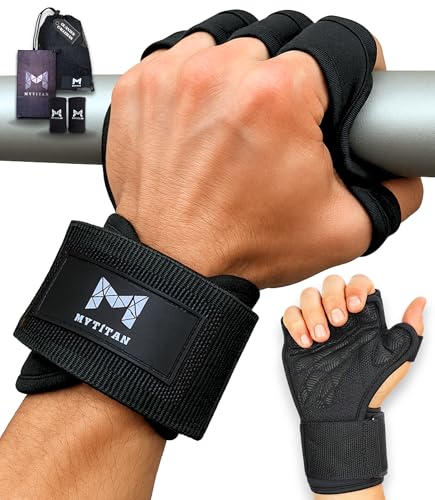 MYTITAN Calleras Crossfit Muñequera y Hebilla Metálica – Guantes Calistenia Antideslizantes para Gimnasio, Dominadas y Pesas – Mano Abierta Hombre y Mujer con Toalla y Bolsa – Tallas S-M-L Unisex