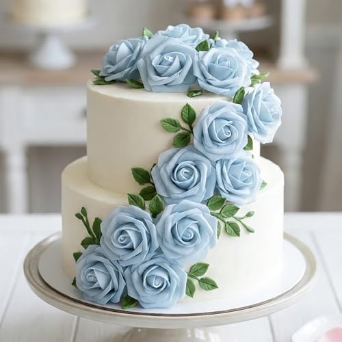 Image of 100Pcs Realistic Sky Blue Artificial Rose Flower Heads, Fake Sky Blue Foam Roses for DIY Wedding Decorations Baby Shower Centerpieces Home Party Valentine's Day Mother's Day Decor