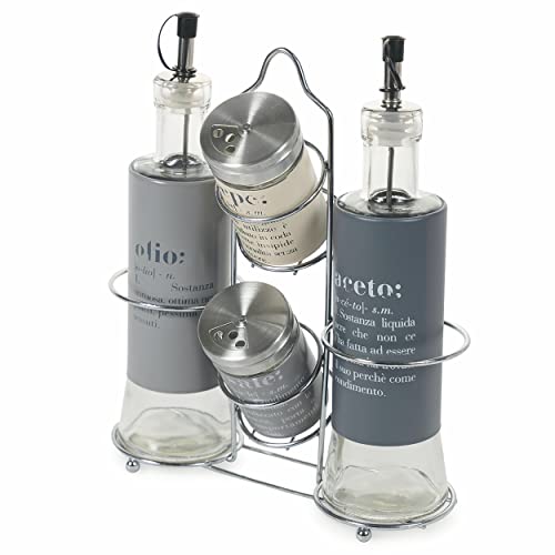 Villa d'Este Home Tivoli Victionary Menage 4 piezas, surtido, tapón antigoteo, aceitera y vinagrera: Ø 6,5 24,5 cm dosificador y pimienta Ø 5 8 cm Soporte con 4 patas de apoyo: L 20 x P 8 x H 24 cm