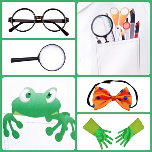 Wbesty costume de scientifique fou avec montures de lunettes, nœud papillon, gants, lunettes loupe, blouse de laboratoire, 5 pièces, pour Halloween – vue 6