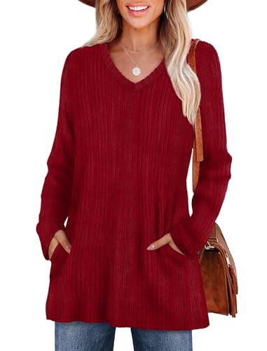 Image of WIHOLL Ladies Jumpers for Womens Long Sleeve Tops V Neck Long Tunic Casual Ladies Tops with Pocket Red Size 22-24