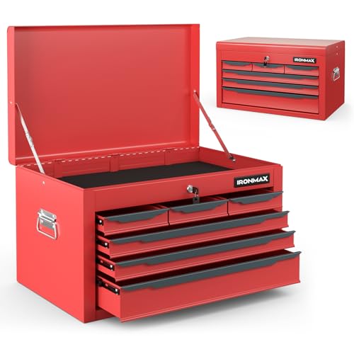 Goplus Tool Box, 24” Steel Tool Chest w/6 Drawers, Top Tool Tray,Automatic Lock, Protective Liners, Handle, Smooth Ball Bearing Sides, Portable Tool Storage Organizer, Toolbox for Garage Workshop