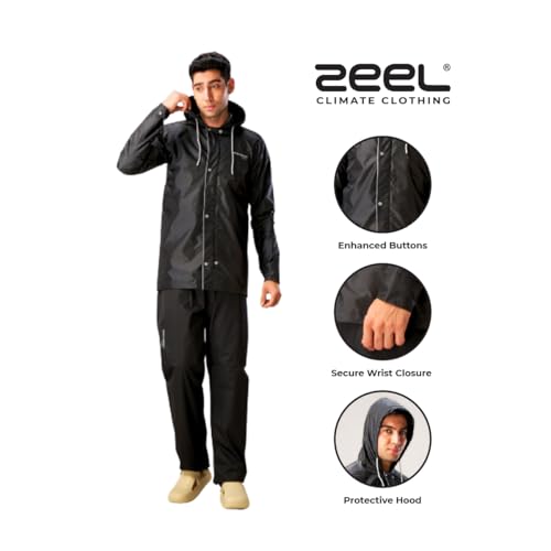 Image of ZEEL Rain Coat For Men with Adjustable Hood, Polyester Waterproof Full Sleeves Raincoat, Top and Bottom Set Rainwear, Front Zip with Flap, Lightweight Raincoat (EWF74, Black, L)