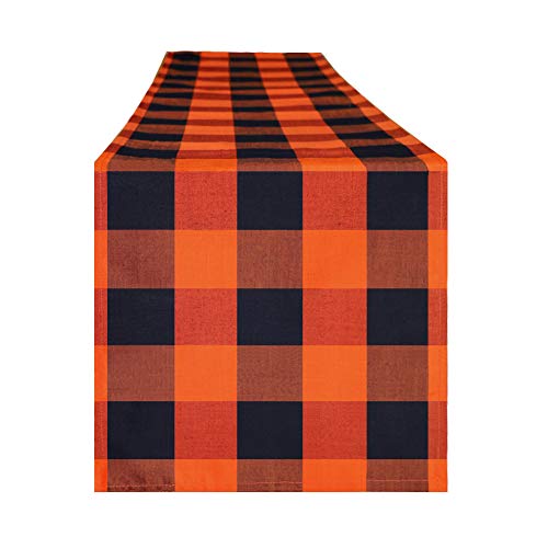 4TH Emotion Buffalo Check Plaid Table Runner for Halloween Indoor and Outdoor Parties, Family Dinner Party Events Polyester Cotton Orange and Black (14x72 Inches, Seats 4-6 People)
