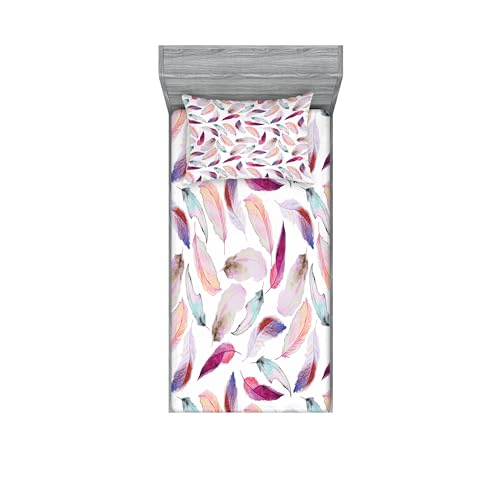 Ambesonne Feathers Fitted Sheet & Pillow Sham Set, Mix Feather Motifs in Romantic Feminine Inspired Colors Outer Wing Covert Theme, Decorative Printed 2 Piece Bedding Decor Set, Twinxl, Purple Pink