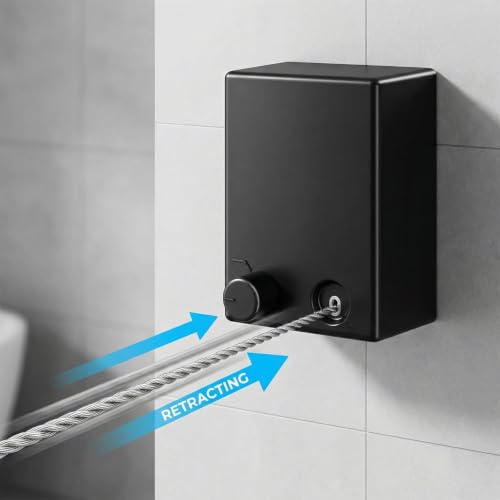 Image of Japanese Retractable Clothesline 4.2 Meter | Wall Mounted Clothes Drying Rope with Stainless Steel Wire, Rotary Lock & Smooth Retract System (Single Line Japanese Black)