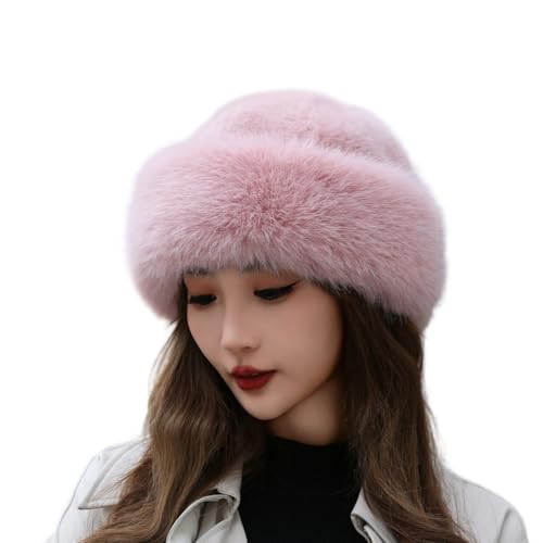 BSYLOO Chapeau chaud en fausse fourrure épaisse, luxueux chapeau mongol en faux vison, béret d'hiver polyvalent pour femmes et filles, rose, S/XXL