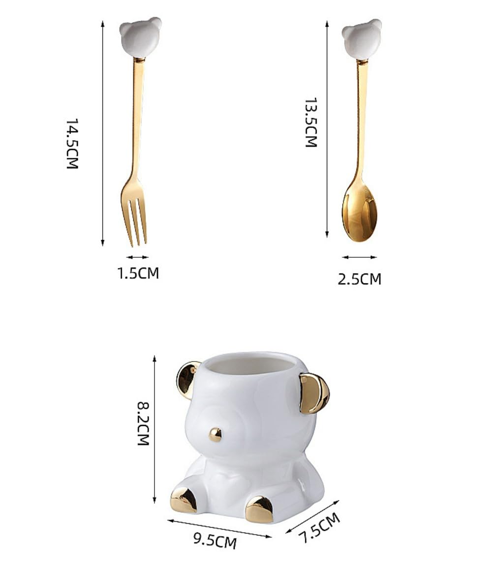 12 Piece Set Cartoon Stainless Steel Spoon Fork Set 14.5cm/5.7 Inch Dessert Spoon Fork Household Fruit Fork Ceramic Small Fork Bear Storage Jar (With storage,Light green silver)