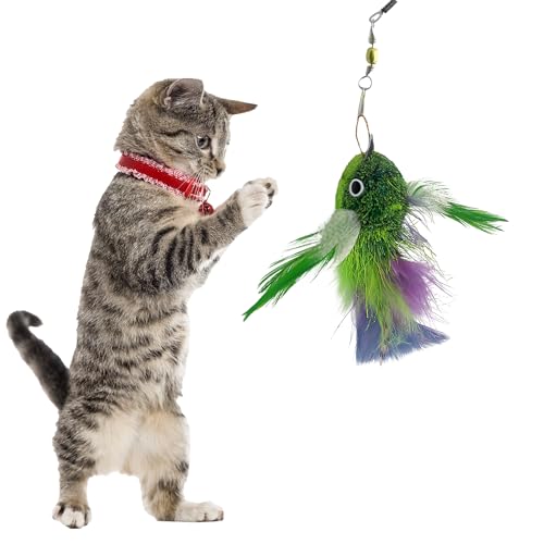 Kat Fly Cat Wand Refill Teaser Toy - Interactive Cat Wand Toy Attachment with Real Feathers - Fish (Green)