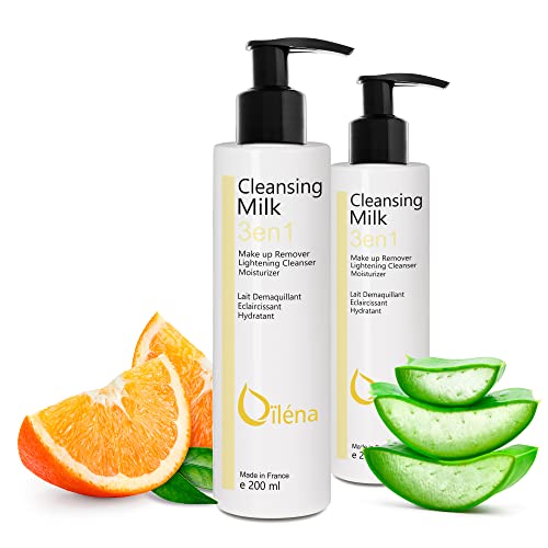 Leche Facial, Desmaquillante, con Vitamina E y Aloe Vera, 3en1, Limpiador de Poros, Antimanchas, Leche Hidratante, Waterproof, Contorno de Ojos, Corrector Ojeras, Elimina las manchas, 2 x 200 ml
