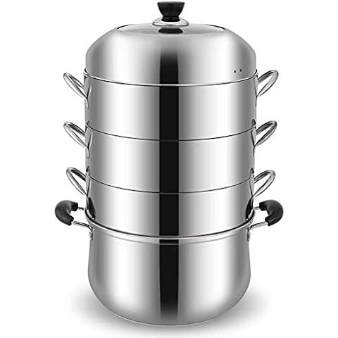 Stainless Steel Steamer Casserole 4 Tier Steamer with Glass Lid and Polished Mirror Finish Thickening Energy Saving Steamed Seafood Hot Pot Cooking Pot Household Restaurant32cm/34 cm Silver Cover