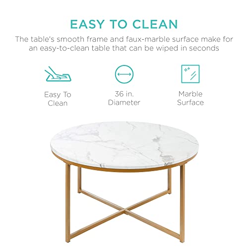 Best Choice Products Round Coffee Table 36In Faux Marble Coffee Table, Large Circular Living Room Table, Modern Boho Home Décor Metal & Marble Accent Table – White/Gold #TOP3