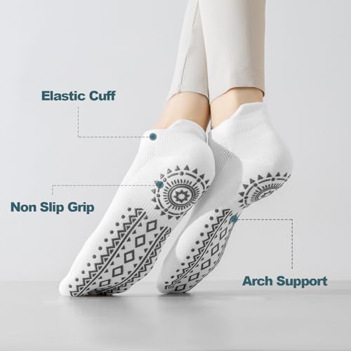 Pilates Socks with Grips for Women, 4 Pairs Non Slip Yoga Athletic Ankle Socks for Ballet Barre Dance Workout2