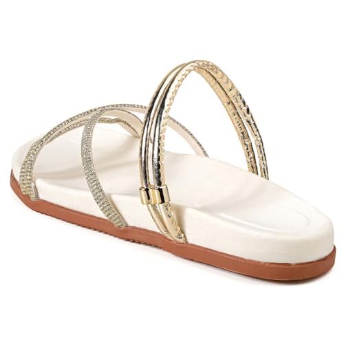 Papete Feminina Birkendy Sándalia Brilho Chinelo Feminino Verão (BRANCO OURO, BR, Adulto, Numérico,