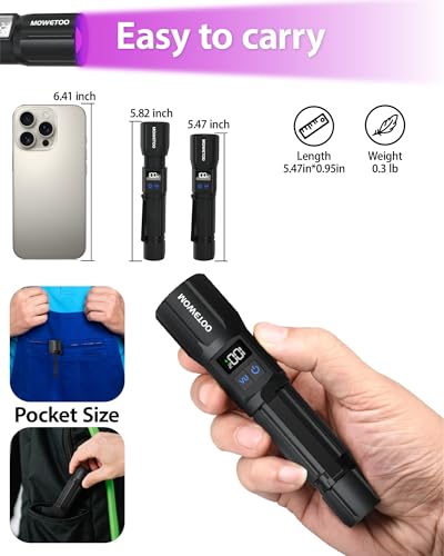 MOWETOO Taschenlampe Aufladbar - LED UV Lampe Schwarzlicht 2 In 1, 395nm Zoombare UV Licht Torch mit 5 Modi und LCD-Display für Urinuntersuchung von Haustieren, Geldscheinkontrolle, Outdoor