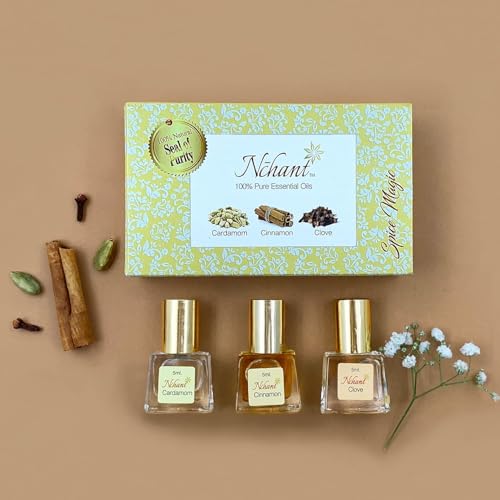 Image of N'chant Spice Magic Essential Oil Set of 3 (3 x 5ml) | Cardamom, Cinnamon and Clove | 100% Pure | Better Oral Health, Alleviate Headache | Use for Aromatherapy | Diffuser Usable