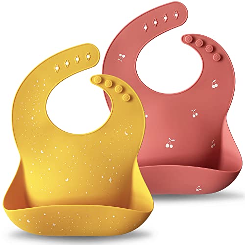 Image of Moonkie Silicone Baby Bibs Set Of 2 | BPA Free Waterproof | Soft Durable Adjustable Silicone Bibs for Babies & Toddlers(Mustard/Warm Pink)