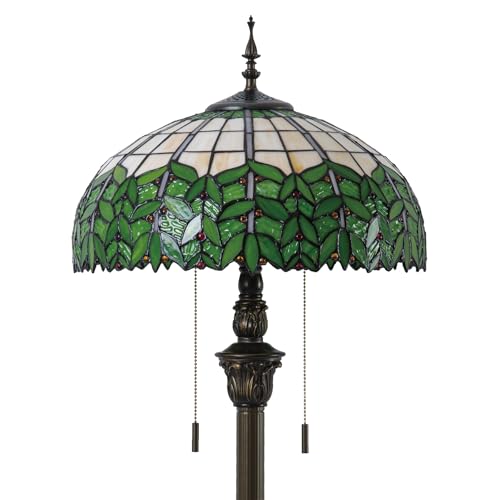 Image of Tiffany Style Floor Lamp, 16 inch Stained Glass Green Leaf Shade with Antique Bronze Base, 2-Light E26 Pull Chain Standing Reading Light for Living Room, Bedroom, UL Listed, 16x16x64 Inches