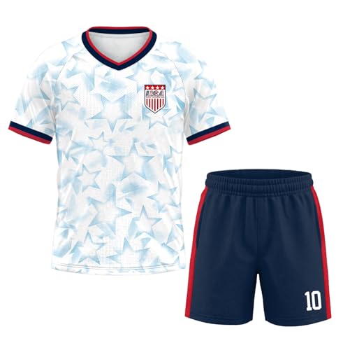 IIMMER Unisex Kids Soccer Jersey 2PC Set Boys Girls Youth Quick Dry Short Sleeve Football Training Kit USA Stars 10 Years