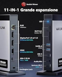 WAVLINK Laptop Docking Station Triplo display (Single 8K@30Hz/4K@144Hz), USB C Dock 125W PD3.1 Pass-Through, 2*DP, HDMI, Ethernet, SD/TF, per Windows