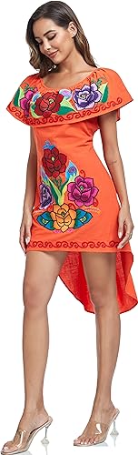 Image of YZXDORWJ Women's Mexican Asymmetrical Dress Embroidered Floral Off-Shoulder Cocktail Latina Fiesta Dress